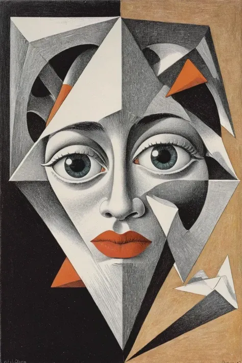 <lora:- SDXL - otclillsn_impossible_geo_V1.0:1>,otclillsn,<lora:Escher_SDXL:1>, ART BY ESCHER,
A side view of a figure's head,in an abstract geometric formalist style. In the painting,the face is broken down into a series of block structures of different shapes and colors,including triangles,circles and other irregular shapes. These fragmented forms together form a three-dimensional sense,suggesting the basic features of the character,such as eyes,nose and lips,In addition to the geometric form,the artist also applied a rough texture to the surface,similar to stone walls or worn paint marks,adding to the historical heaviness and vicissitudes of the work. The choice of colors is very bold,mixing many bright warm and cool tones,forming a strong contrast and harmony with each other,leaving a deep impression on the viewer,Postmodernism,Deconstruction and reorganization,Abstract,surrealistic,