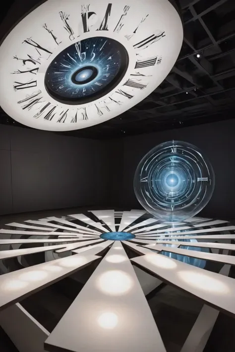 <lora:- SDXL - otclillsn_impossible_geo_V1.0:1>,otclillsn,
Art Space "Temporal Ripples" combines science fiction and magical elements to construct an optical illusion maze. Mirrors and interwoven light and shadow create a time tunnel,while geometric architecture symbolizes the branching of time. A large clock with a spiral trajectory reveals the process of a traveler journeying through space and time. Glowing particles simulate the dimensions of passing time,and celestial orbs trigger environmental changes,showcasing instantaneous shifts from history to the future. When magical runes are activated,they open portals to other realms,allowing visitors to delve into the mysteries of time and explore the multiverse in an immersive experience,