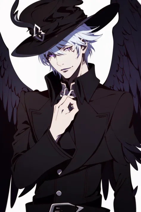 <lora:ANIME_ShingekiNoBahamut_Azazel_v01:0.8>, azazel \(shingeki no bahamut\), hat, suit, portrait, 1boy, demon, white hair, purple eyes, wings, feathered wings, black wings, demon wings, 64K, f1.2, 800mm, UHD, dynamic lighting
