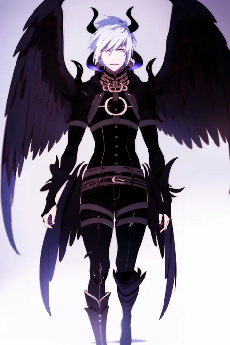 <lora:ANIME_ShingekiNoBahamut_Azazel_v01:0.8>, azazel \(shingeki no bahamut\), horns, full body, 1boy, demon, white hair, purple eyes, wings, feathered wings, black wings, demon wings, 64K, f1.2, 800mm, UHD, dynamic lighting