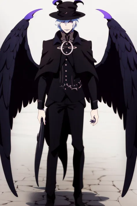 <lora:ANIME_ShingekiNoBahamut_Azazel_v01:0.8>, azazel \(shingeki no bahamut\), hat, suit, full body, 1boy, demon, white hair, purple eyes, wings, feathered wings, black wings, demon wings, 64K, f1.2, 800mm, UHD, dynamic lighting