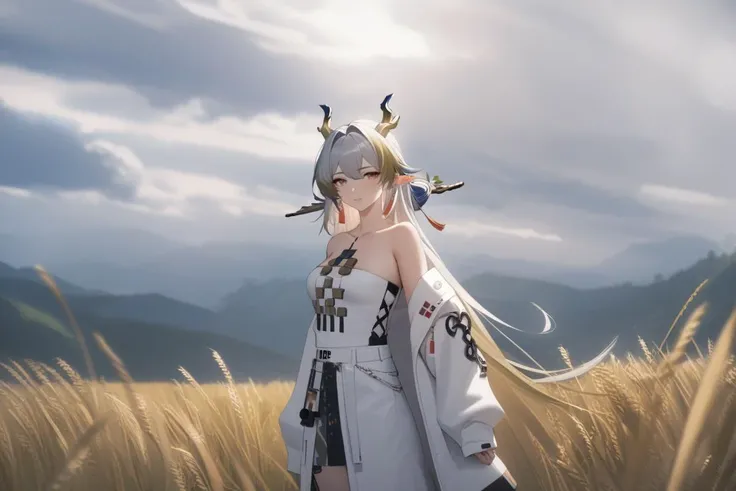 1girl, <lora:shu_arknights:1> white_dress,white_coat,off_shoulder,yellow_gloves,bare_shoulders,collarbone,open_coat,strapless_dress,long_sleeves,green_hair,
Golden wheat field, sky, sunlight filtering through clouds,
(wide shot:1.2), (Nikon AF-S NIKKOR 35mm f/1.4G),
ultra-detailed, best quality, (masterpiece) <lora:SYYFACEXL_lora:0.35>
