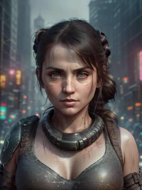 (realistic photo shot), (medium upper body shot), (30 year old woman stands in the postapocalyptic city), <lora:style_postapocalypse3:0.8>, <lora:person_AnaDeArmasv2:0.9>, looking at the camera, beautiful detailed face, small breasts, detailed long black hair, ponytail, ((clean cheeks)), (clean face), ruined city on the background, destroyed post-apocalypse, 24 century, photorealistic digital art trending on Artstation 8k HD high definition detailed realistic, masterpiece, best quality, high resolution scan, skin pores, hdr, cinema shot, (photo by Canon 5d, 50mm ZEISS lens), hourglass proportions, (8k uhd, hdr, dof), (professionally color graded), sharp focus, rim lighting, dimly lit, two tone lighting, dark