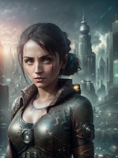 (realistic photo shot), (medium upper body shot), (30 year old woman stands in the postapocalyptic city), <lora:style_postapocalypse3:0.7>, <lora:stylepunk_kVoidEnergy-000001:0.5>, <lora:person_AnaDeArmasv2:1>, looking at the camera, beautiful detailed face, small breasts, detailed long black hair, ponytail, ((clean cheeks)), (clean face), ruined city on the background, destroyed post-apocalypse, 24 century, photorealistic digital art trending on Artstation 8k HD high definition detailed realistic, masterpiece, best quality, high resolution scan, skin pores, hdr, cinema shot, (photo by Canon 5d, 50mm ZEISS lens), hourglass proportions, (8k uhd, hdr, dof), (professionally color graded), sharp focus, rim lighting, dimly lit, two tone lighting, dark