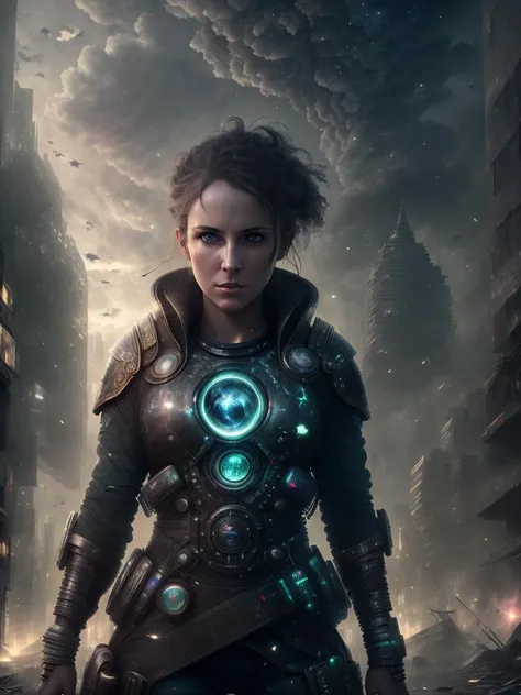 (realistic photo shot), (medium upper body shot), (35 year old woman stands in the postapocalyptic city), <lora:style_postapocalypse3:0.6>, <lora:stylepunk_kVoidEnergy-000001:1.2>, looking at the camera, beautiful detailed face, small breasts, detailed long black hair, ponytail, ((clean cheeks)), (clean face), ruined city on the background, destroyed post-apocalypse, 24 century, photorealistic digital art trending on Artstation 8k HD high definition detailed realistic, masterpiece, best quality, high resolution scan, skin pores, hdr, cinema shot, (photo by Canon 5d, 50mm ZEISS lens), hourglass proportions, (8k uhd, hdr, dof), (professionally color graded), sharp focus, rim lighting, dimly lit, two tone lighting, dark