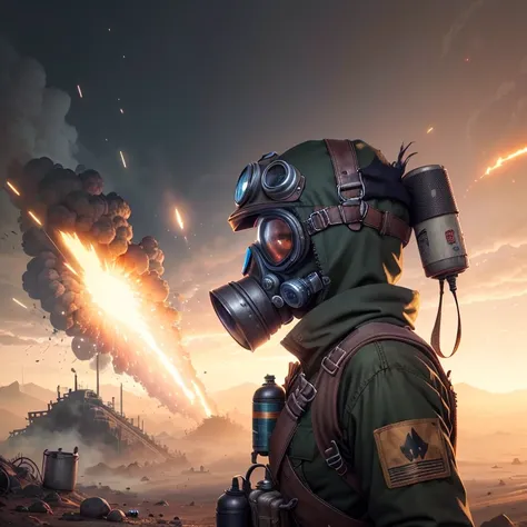 <lora:postapocalypse3:1> postapocalypse, wanderer, gas mask, survival gear, soft lighting, explosion in distance,