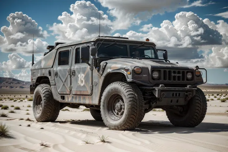 Create a cinematic, filmic image 4k, 8k with [George Miller's Mad Max style] [side view:1.5]. The image should be captured in a [wide-angle view] and depict [single] a [post-apocalyptic] [desert wasteland] [single] HUMVEE as a centerpiece of the image  <lora:humv33:0.7> Focus on HUMVEE distinct two round headlights positioned at the front, giving it a recognizable appearance. Highlight the square-shaped windshields that contribute to its utilitarian design. Depict the boxy and sturdy body of the vehicle, emphasizing its ruggedness and durability. Showcase the large, robust tires that enable the HUMVEE to conquer challenging terrains. Pay attention to accurate proportions and details to ensure a realistic representation of the HUMVEE's physical attributes.  Its tires churns up the dry earth beneath, creating a magnificent sand dust cloud that billows outwards, trailing in the car's wake. The image should be [ultra-realistic], with [high-resolution] captured in [natural light]. The lighting should create [soft shadows] and showcase the [raw] and [vibrant colors] of the car. The image should be a highly-detailed photography set in a [post-nuclear], [fallout] like setting, conveying a sense of [danger] and [grittiness]. The final image should be a [masterpiece], with a [realistic portrayal] of the HUMVEE that is both [intimidating] and [awe-inspiring]. Background should contain [empty wasteland road], image takes place before the storm, with the [hot summer sun] still shining brightly in the sky, but in the distance, the sky is a [dark and foreboding shade of blue], hinting at an impending storm. 
 <lora:zeekars:0.5>  <lora:postapocalypse3:0.7>