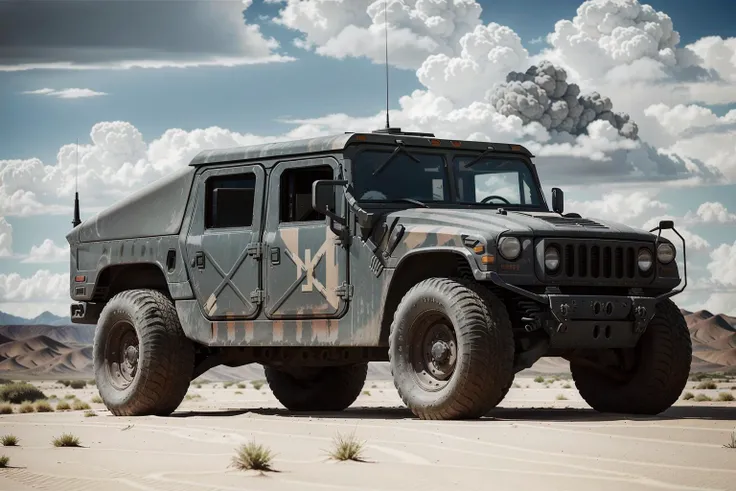 Create a cinematic, filmic image 4k, 8k with [George Miller's Mad Max style] [side view:1.5]. The image should be captured in a [wide-angle view] and depict [single] a [post-apocalyptic] [desert wasteland] [single] HUMVEE as a centerpiece of the image  <lora:humv33:0.7> Focus on HUMVEE distinct two round headlights positioned at the front, giving it a recognizable appearance. Highlight the square-shaped windshields that contribute to its utilitarian design. Depict the boxy and sturdy body of the vehicle, emphasizing its ruggedness and durability. Showcase the large, robust tires that enable the HUMVEE to conquer challenging terrains. Pay attention to accurate proportions and details to ensure a realistic representation of the HUMVEE's physical attributes.  Its tires churns up the dry earth beneath, creating a magnificent sand dust cloud that billows outwards, trailing in the car's wake. The image should be [ultra-realistic], with [high-resolution] captured in [natural light]. The lighting should create [soft shadows] and showcase the [raw] and [vibrant colors] of the car. The image should be a highly-detailed photography set in a [post-nuclear], [fallout] like setting, conveying a sense of [danger] and [grittiness]. The final image should be a [masterpiece], with a [realistic portrayal] of the HUMVEE that is both [intimidating] and [awe-inspiring]. Background should contain [abandoned town], image takes place before the storm, with the [hot summer sun] still shining brightly in the sky, but in the distance, the sky is a [dark and foreboding shade of blue], hinting at an impending storm. 
 <lora:zeekars:0.5>  <lora:postapocalypse3:0.7>