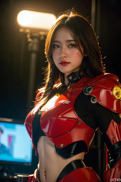 (best quality:1.4), (ultra highres:1.2), (photorealistic:1.4), (8k, RAW photo:1.2),(portrait shot:1.3), kpncy_, 1girl, solo, long hair, machinery, mecha, machinery armor, glow, backlighting, cinematic lighting, neon lights, navel, night, television, monitor, depth of field, bokeh, blurry background, <lora:kpncy_-000002:0.8>, <lora:FINAL Robort:0.6>