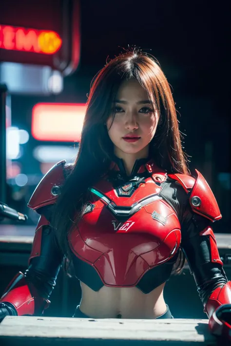 (best quality:1.4), (ultra highres:1.2), (photorealistic:1.4), (8k, RAW photo:1.2),(portrait shot:1.3), kpncy_, 1girl, solo, long hair, machinery, mecha, machinery armor, glow, backlighting, cinematic lighting, neon lights, navel, night, television, monitor, depth of field, bokeh, blurry background, <lora:kpncy_-000002:0.8>, <lora:FINAL  Robort:0.6>