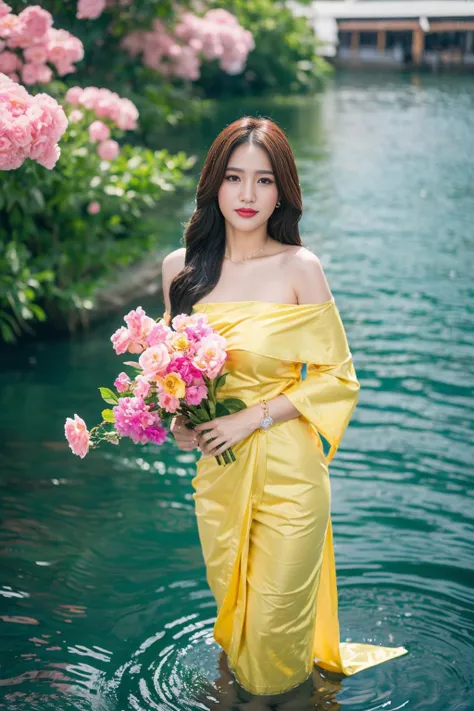(best quality:1.4), (ultra highres:1.2), (photorealistic:1.4), (8k, RAW photo:1.2),(portrait shot:1.3), kpncy_, 1girl, solo, long hair, full body, bokeh, depth of field, (long shoulder sabai:1.4), (jewelry:1.4), (floating sabai:1.4), yello dress, water, flower, <lora:kpncy_-000002:0.8>, <lora:sabai6:0.6>