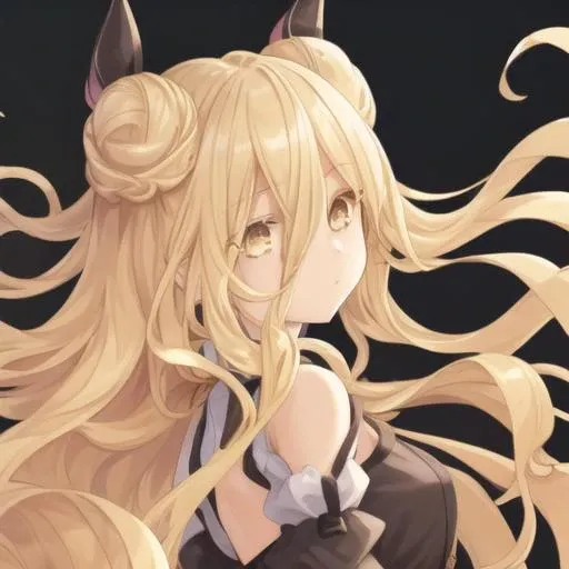 1girl, blonde hair, double bun, highres, long hair, looking at viewer, yellow eyes, hair between eyes, very long hair, floating hair