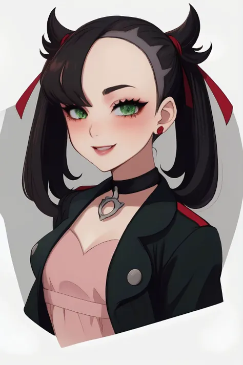 masterpiece, best quality, 1girl, solo,
detailed face, face focus, <lora:add_detail:0.2>,
<lora:Marnie:0.9> , marnie, asymmetrical bangs, twintails, ribbon, hair ribbon, choker, jewelry, red ribbon, earrings, black choker, medium hair, green eyes, dress, jacket, black jacket, pink dress, long sleeves, open clothes, open jacket,
small breasts, makeup, long eyelashes, mascara, looking at viewer, lips, smile, relaxed, curvy, upper body, blush, beautiful girl, kind girl, wholesome picture,
<lora:eExpressions2:0.8>, eexpr,
<lora:CosmicEyes:1> , CosmiEyes,