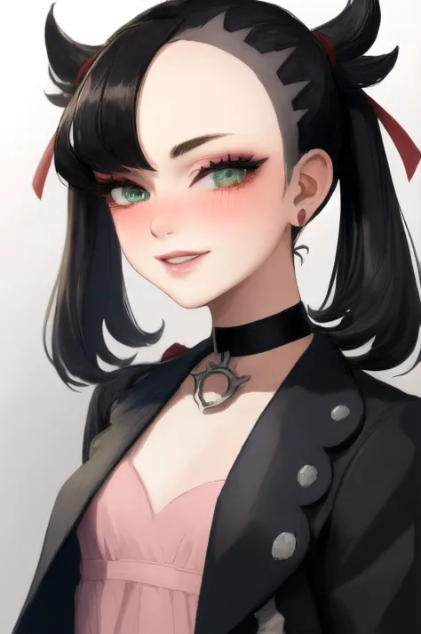 masterpiece, best quality, 1girl, solo,
detailed face, face focus, <lora:add_detail:0.2>,
<lora:Marnie:0.9> , marnie, asymmetrical bangs, twintails, ribbon, hair ribbon, choker, jewelry, red ribbon, earrings, black choker, medium hair, green eyes, dress, jacket, black jacket, pink dress, long sleeves, open clothes, open jacket,
small breasts, makeup, long eyelashes, mascara, looking at viewer, lips, smile, relaxed, curvy, upper body, blush, beautiful girl, kind girl,
<lora:eExpressions2:0.8>, eexpr,