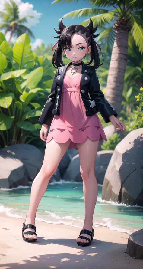 ((masterpiece,intricate details)),1girl,mature female
BREAK
<lora:Marnie:1>, marnie, asymmetrical bangs, twintails, ribbon, hair ribbon, choker, jewelry, red ribbon, earrings, black choker, dress, jacket, black jacket, pink dress, medium hair, long sleeves, open clothes, open jacket, green eyes
BREAK
A secluded beach paradise awaits, with powdery white sands, crystal-clear waters, and swaying palm trees that create a haven of tranquility and natural beauty.,((full body)),from below:1.1,depth of field,looking at viewer,