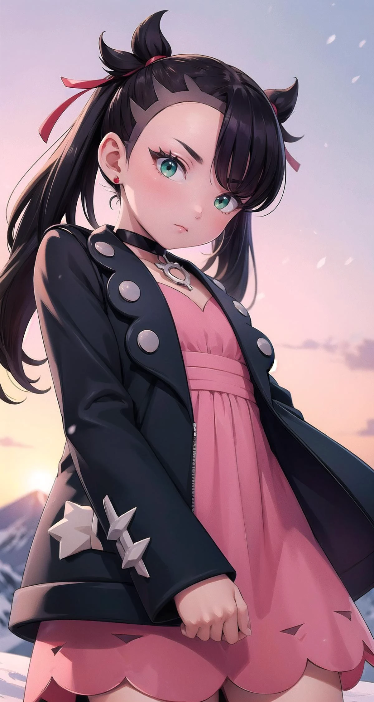 ((masterpiece,intricate details)),1girl,mature female
BREAK
<lora:Marnie:1>, marnie, asymmetrical bangs, twintails, ribbon, hair ribbon, choker, jewelry, red ribbon, earrings, black choker, dress, jacket, black jacket, pink dress, medium hair, long sleeves, open clothes, open jacket, green eyes
BREAK
breathtaking golden sunrise over Japan's Mount Fuji, casting a warm glow on the snow-capped peak,((cowboy shot)),from below:1.2,depth of field,looking at viewer,