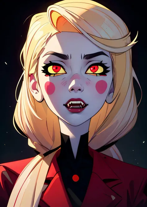 Portrait, 1girl, Charlie, Morningstar, <lora:HazbinHotel_CharlieMorningstar:1> RedSuit, (white skin, pure white skin), red eyes, black nails, long hair, (blush stickers:1.2), yellow sclera, (masterpiece:1.2),(closeup-shot:1.2), dark romantic lighting, (highly detailed:1.2), (detailed face:1.2), (full-body shot:1.2), (gradients), colorful, detailed eyes, fangs, (natural lighting:1.2), (solo:1.2), <lora:add_detail:0.15>