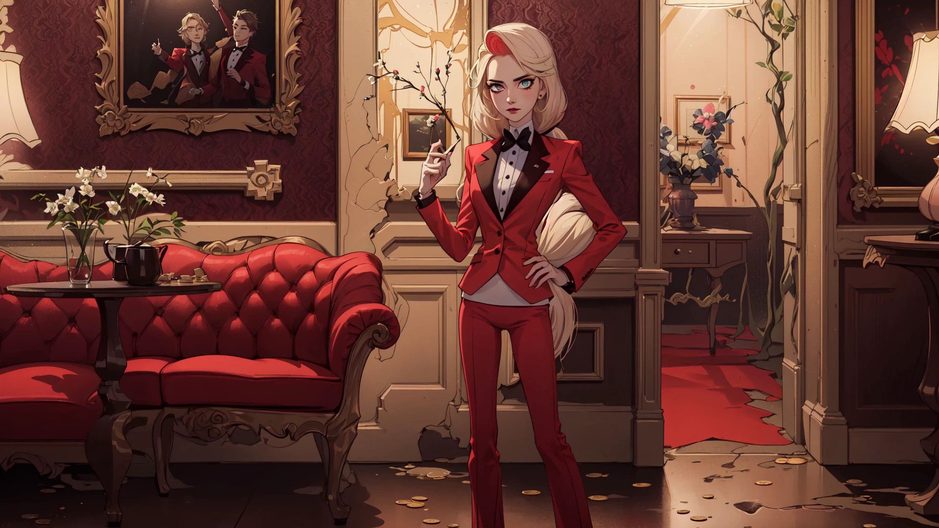 Charlie,RedSuit,(realistic:1.2),(masterpiece:1.2),(cowboy-shot:1.2),dark romantic lighting,(highly detailed:1.2),(detailed face:1.2),(full-body shot:1.2),(gradients),colorful,detailed eyes,(natural lighting:1.2),solo,<lora:HazbinHotel_CharlieMorningstar:0.8>,hotel,indoors,perfect lighting,gold coins,dollar bill,