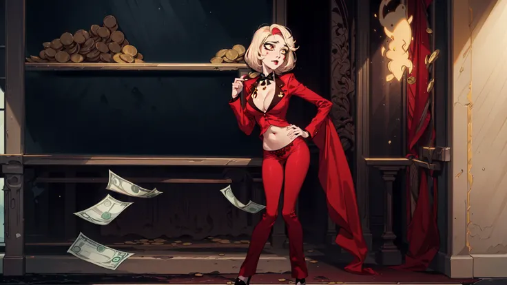 Charlie,RedSuit,(realistic:1.2),(masterpiece:1.2),(cowboy-shot:1.2),dark romantic lighting,(highly detailed:1.2),(detailed face:1.2),(full-body shot:1.2),(gradients),colorful,detailed eyes,(natural lighting:1.2),solo,<lora:HazbinHotel_CharlieMorningstar:0.8>,hotel,indoors,perfect lighting,(gold coins:1.2),(dollar bill:1.2),(black lips),cleavage,midriff,thong underwear,