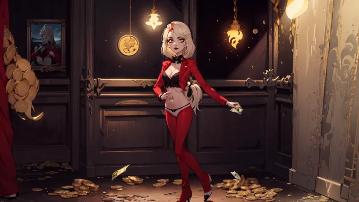 Charlie,RedSuit,(realistic:1.2),(masterpiece:1.2),(cowboy-shot:1.2),dark romantic lighting,(highly detailed:1.2),(detailed face:1.2),(full-body shot:1.2),(gradients),colorful,detailed eyes,(natural lighting:1.2),solo,<lora:HazbinHotel_CharlieMorningstar:0.8>,hotel,indoors,perfect lighting,(gold coins:1.2),(dollar bill:1.2),(black lips),cleavage,midriff,thong underwear,