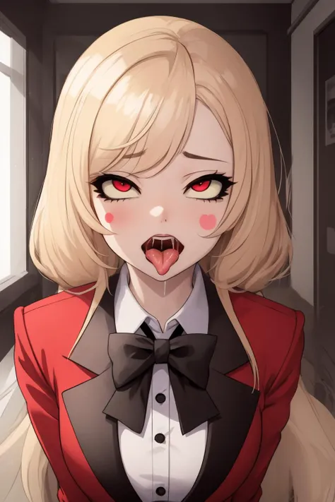 (masterpiece, best quality, ultra-detailed),Charlie, red eyes, blonde hair, long hair, colored skin, colored sclera, blush stickers, red jacket, white shirt, black bowtie, all fours, (portrait shot, upper body), (ahegao), (rolling eyes), naughty face, blush, open mouth, tongue out, saliva, ahg , looking at viewer, indoors <lora:HazbinHotel_CharlieMorninstar:0.7> <lora:ahe2:0.8>