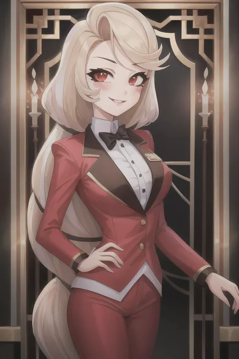 1girl, smiling, gothic background <lora:HazbinHotel_CharlieMorningstar:0.7> CHARLIE, REDSUIT, BLUSH STICKERS, RED EYES, BLACK BOWTIE