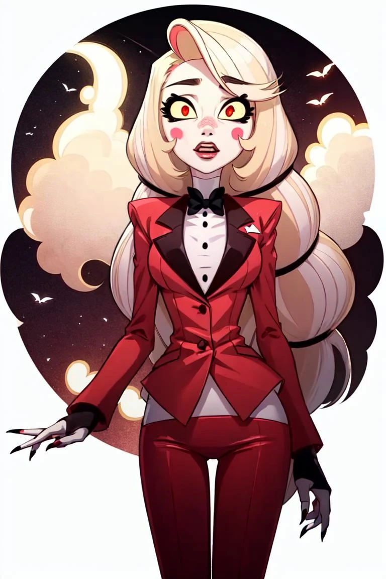 Charlie, RedSuit, (white skin, pure white skin), red eyes, black nails, long hair, (blush stickers:1.2), yellow sclera, (masterpiece:1.2),(closeup-shot:1.2), dark romantic lighting, (highly detailed:1.2), (detailed face:1.2), (full-body shot:1.2), (gradients), colorful, detailed eyes, (natural lighting:1.2), (solo:1.2), <lora:HazbinHotel_CharlieMorningstar:1> <lora:add_detail:0.15>