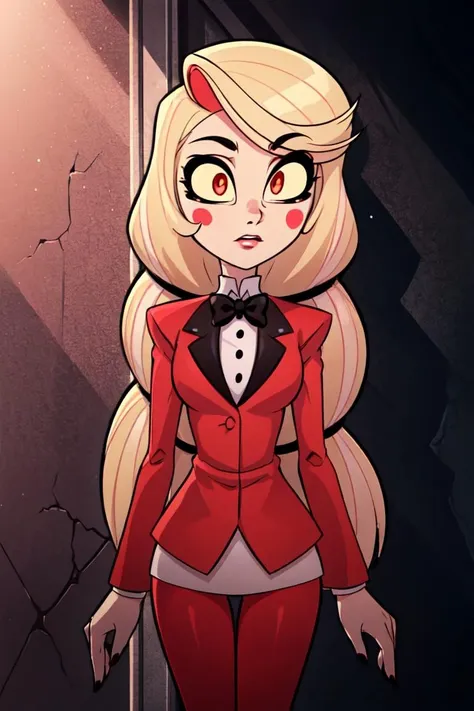 Charlie, RedSuit, (blush stickers, red eyes:1.2), (black bowtie:1.5), (masterpiece:1.2), (cowboy-shot:1.2), dark romantic lighting, (highly detailed:1.2), (detailed face:1.2), (full-body shot:1.2), (gradients), colorful, detailed eyes, (natural lighting:1.2), (solo:1.2), <lora:HazbinHotel_CharlieMorningstar:0.95>