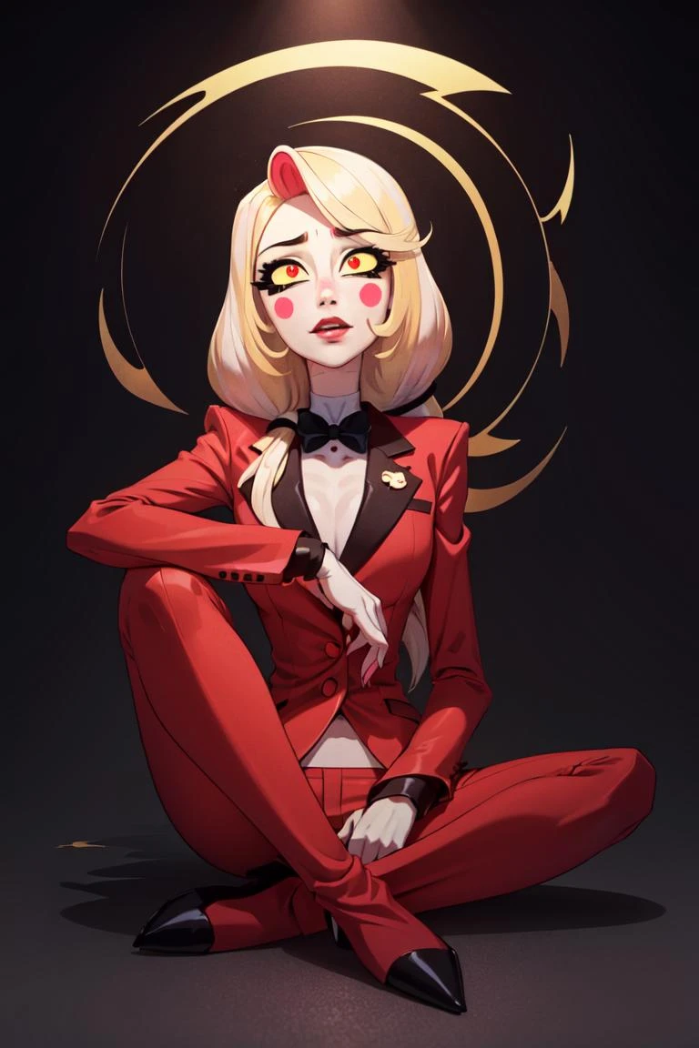 Charlie, RedSuit, red eyes, (blush stickers:1.2), yellow sclera, (masterpiece:1.2),(closeup-shot:1.2), dark romantic lighting, (highly detailed:1.2), (detailed face:1.2), (full-body shot:1.2), (gradients), colorful, detailed eyes, (natural lighting:1.2), (solo:1.2), <lora:HazbinHotel_CharlieMorningstar:0.9> <lora:add_detail:0.15>