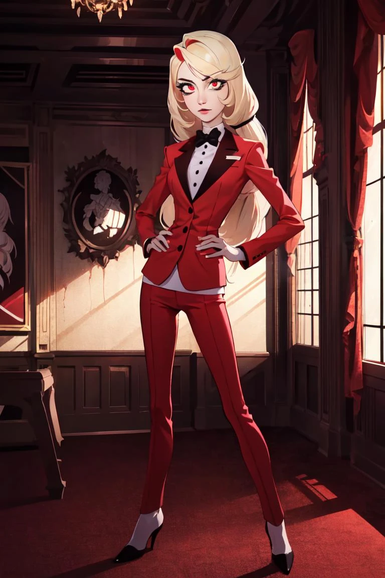 Charlie, RedSuit, (realistic:1.2), (masterpiece:1.2),(cowboy-shot:1.2), dark romantic lighting, (highly detailed:1.2), (detailed face:1.2), (full-body shot:1.2), (gradients), colorful, detailed eyes, (natural lighting:1.2), solo, <lora:HazbinHotel_CharlieMorningstar:0.8> <lora:lightup_detailer_v100:-0.3> <lora:BeautifulEyes:0.3>