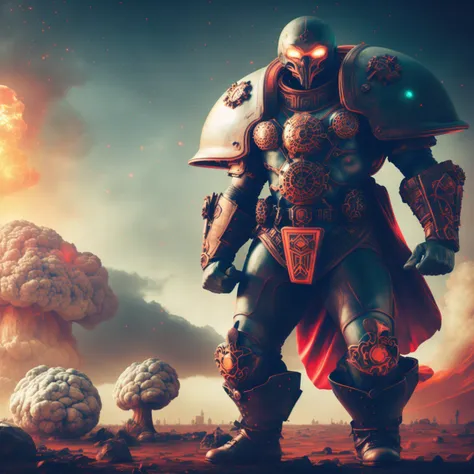 photo of intimidating (NeonMutation ChaoticSpheres) (GrimKnights:1) Future Cyber Centurion standing in front of Atomic Explosion, mushroom cloud, energy, style by MushroomLove