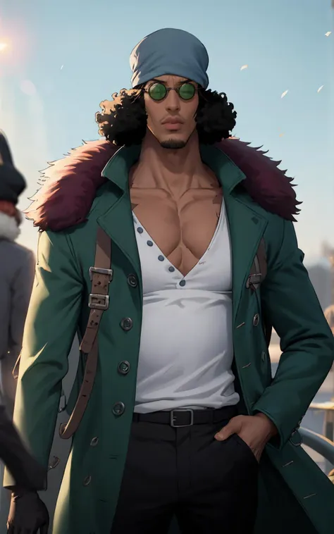 ((masterpiece, best quality)), insaneres, absurdres, solo,  vanishing point, 
Post_LongCoat_KuzanAokiji_ownwaifu, 
1boy, black hair, hat, sunglasses, facial hair, glasses, dark skin, pectorals, scar, dark-skinned male, bandana, stubble, afro, short hair, mustache, bare pectorals, collarbone, lips, long sleeves, muscular, scar on chest, sideburns,
cleavage, male focus, coat, pants, fur trim, white shirt, open clothes, jacket, gloves, shirt, open coat, black gloves, black pants, long coat, denim, fur coat, green coat, 
ice, cryokinesis, bara, 
(portrait, straight-on)<lora:Marine_Admiral_KuzanAokiji_ownwaifu:1>,
outdoors, lens flare, depth of field, bokeh, embers, looking at viewer,