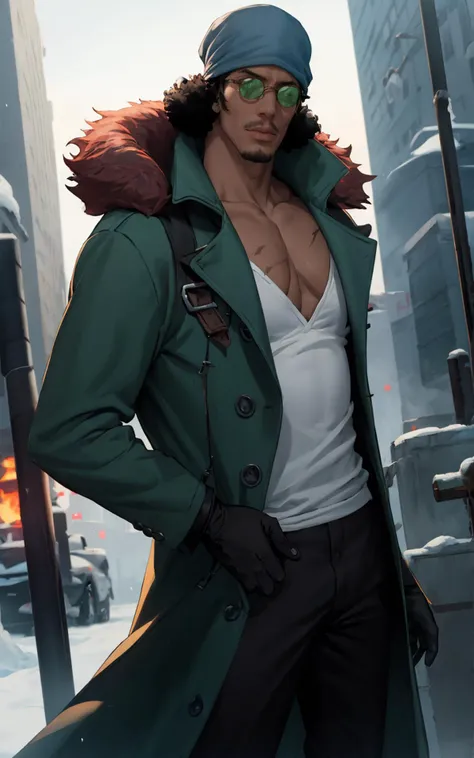 ((masterpiece, best quality)), insaneres, absurdres, solo,  vanishing point, 
Post_LongCoat_KuzanAokiji_ownwaifu, 
1boy, black hair, hat, sunglasses, facial hair, glasses, dark skin, pectorals, scar, dark-skinned male, bandana, stubble, afro, short hair, mustache, bare pectorals, collarbone, lips, long sleeves, muscular, scar on chest, sideburns,
cleavage, male focus, coat, pants, fur trim, white shirt, open clothes, jacket, gloves, shirt, open coat, black gloves, black pants, long coat, denim, fur coat, green coat, 
ice, cryokinesis, bara, 
(contrapposto, looking back)<lora:Marine_Admiral_KuzanAokiji_ownwaifu:0.75>,
outdoors, lens flare, depth of field, bokeh, embers, looking at viewer,