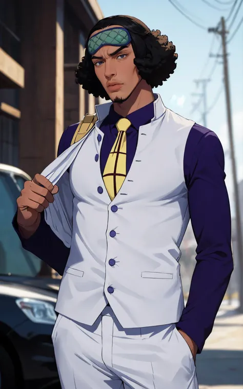 ((masterpiece, best quality)), insaneres, absurdres, solo, vanishing point,
Shirt_KuzanAokiji_ownwaifu,
1boy, black hair, dark skin, dark-skinned male, black eyes, afro, facial hair, lips, thick eyebrows, curly hair,
mask on head, sleep mask, male focus, yellow necktie, formal, suit, long sleeves, jacket, purple shirt, white pants, necktie, collared shirt, buttons, white vest,
ice, cryokinesis,
(contrapposto, looking back)<lora:Marine_Admiral_KuzanAokiji_ownwaifu:0.75>,
outdoors, lens flare, depth of field, bokeh, embers, looking at viewer,