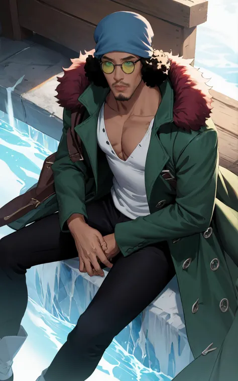 ((masterpiece, best quality)), insaneres, absurdres, solo, vanishing point,
Post_LongCoat_KuzanAokiji_ownwaifu,
1boy, black hair, hat, sunglasses, facial hair, glasses, dark skin, pectorals, scar, dark-skinned male, bandana, stubble, afro, short hair, mustache, bare pectorals, collarbone, lips, long sleeves, muscular, scar on chest, sideburns,
cleavage, male focus, coat, pants, fur trim, white shirt, open clothes, jacket, gloves, shirt, open coat, black gloves, black pants, long coat, denim, fur coat, green coat,
ice, cryokinesis, bara,
(from above, sitting)<lora:Marine_Admiral_KuzanAokiji_ownwaifu:0.9>,
outdoors, lens flare, depth of field, bokeh, embers, looking at viewer,