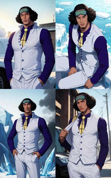 ((masterpiece, best quality)), insaneres, absurdres, solo, vanishing point,
Shirt_KuzanAokiji_ownwaifu,
1boy, black hair, dark skin, dark-skinned male, black eyes, afro, facial hair, lips, thick eyebrows, curly hair,
mask on head, sleep mask, male focus, yellow necktie, formal, suit, long sleeves, jacket, purple shirt, white pants, necktie, collared shirt, buttons, white vest,
ice, cryokinesis,
{(portrait, straight-on)<lora:Marine_Admiral_KuzanAokiji_ownwaifu:1>|(from above, sitting)<lora:Marine_Admiral_KuzanAokiji_ownwaifu:0.9>|(contrapposto, hand on hip)<lora:Marine_Admiral_KuzanAokiji_ownwaifu:0.85>|(contrapposto, looking back)<lora:Marine_Admiral_KuzanAokiji_ownwaifu:0.75>},
outdoors, lens flare, depth of field, bokeh, embers, looking at viewer,