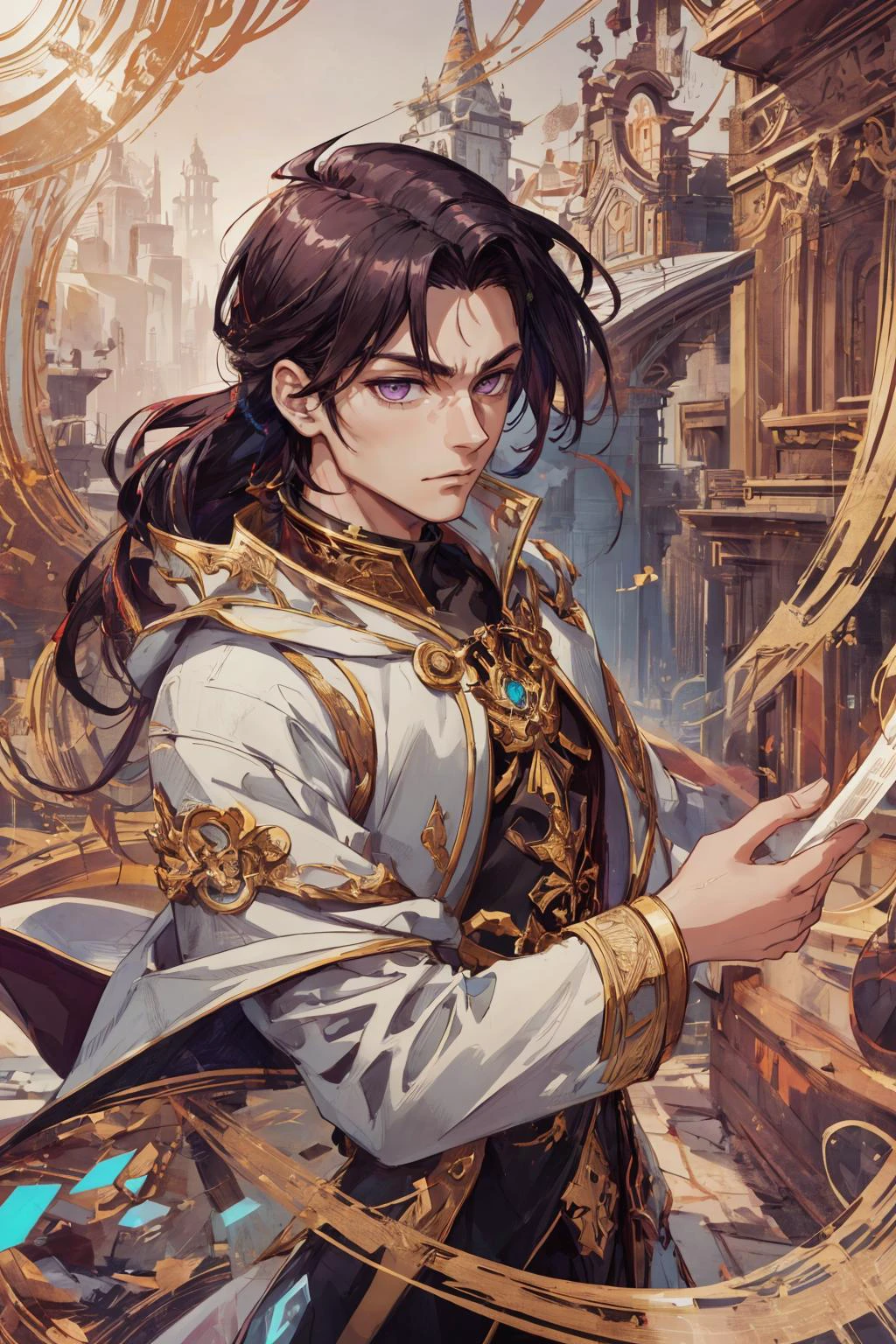maximum details, cinematic, (abstract art:1.1), stylized, <lora:add_detail:0.5>, <lora:epi_noiseoffset2:0.5>,
(1man, thin adult male:1.2), purple eyes, chestnut hair, slick back,
Style-GravityMagic, portrait, solo, half shot, looking at viewer, detailed background, detailed face, (<lora:FragRealityTech:0.6>, fragrealitytech theme:1.1), oracle, contemplative, meditative pose, reflections, white robes, intricate headpiece, gilded gemstones, scrolls, swirling brown arcane patterns in the air, surrounded by ethereal energy, ancient temple in background, whispers of wind, epic atmosphere,
torino aqua, <lora:torinoAquaStyleLora_offset:0.4>,