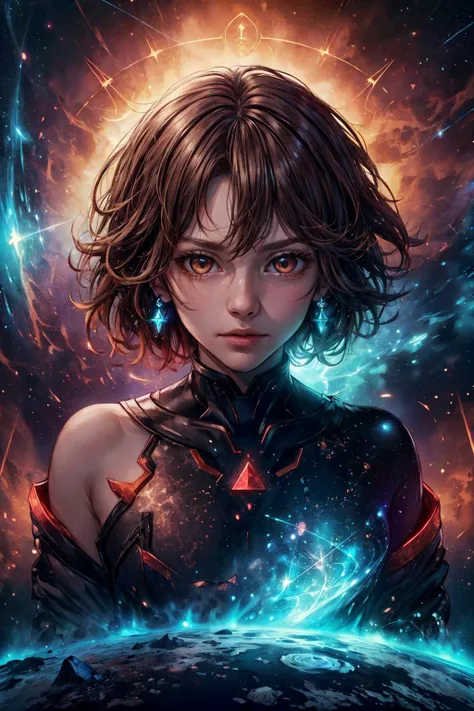 (best quality, masterpiece:1.2), 8k detailed cgi render, thick outlines, strong shadows, <lora:add_detail:0.75>,
1 girl, adult italian woman, dark brown eyes, medium brown shaggy hair,
portrait, solo, half shot, looking at viewer, detailed background, detailed face, (<lora:GlowingRunesAI:0.6>, GlowingRunesAI_red theme:1.1) living star constellation, star sign, horoscope, spiritual, leo, geometric symbolism, celestial , galaxies, bright dark brown lights, glow, transcendence, floating particles, stardust, backlighting, cosmic space background, otherwordly ethereal atmosphere,
torino aqua, <lora:torinoAquaStyleLora_offset:0.4>,