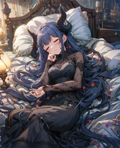 1girl, demon horns, black long dress, black frills, lace,
very long hair, floating hair, dark blue hair, sleeping, closed eyes, big beast,
bed, indoors, <lora:torino_aqua_offset:1>, torino aqua