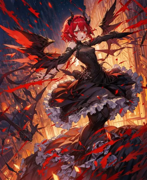 1girl, demon horns, black long dress, frills, lace, half body
flying, red hair, short hair, red eyes, demon wings, angry, open mouth, spread arm,
town, night, <lora:torino_aqua_offset:1>, torino aqua