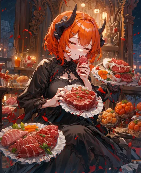 1girl, demon horns, black long dress, frills, lace, half body
stand, orange hair, short hair, closed eyes, eating a raw meat, eating hastily, (bloody mouth:1.1)
town, night, <lora:torino_aqua_offset:1>, torino aqua