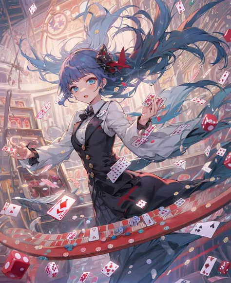 1girl, mahjong, poker, dice, joker card, casino, casino chip, (floating object:1.2),
<lora:torino_aqua_offset:1> torino aqua