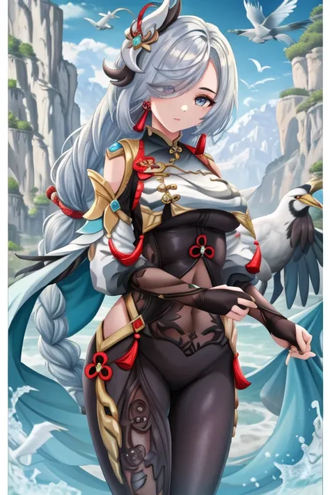 <lora:torinoAquaStyleLora_v1:0.6> <lora:Shenhe_Hard:1> masterpiece, best quality, shenhe \(genshin impact\), 1girl, solo, breasts, bodysuit, tassel, gloves, bangs, braid, outdoors, bird, jewelry, earrings, sky, breast curtain, long hair, hair over one eye, covered navel, blue eyes, looking at viewer, hair ornament, large breasts, shoulder cutout, clothing cutout, very long hair, hip vent, braided ponytail, partially fingerless gloves, black bodysuit, tassel earrings, black gloves, gold trim, cowboy shot, white hair