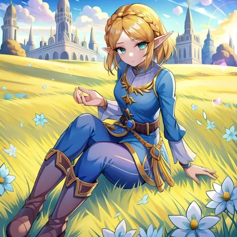 torino aqua, 1girl, detailed eyes, dynamic lighting, , <lora:torinoAquaStyleLora_v1:0.6>, lens flare, long hair, princess zelda, belt, blonde hair, blue shirt, boots, expressionless, full body, green eyes, pants, pointy ears, shirt, short hair, grass, <lora:princessZeldaLora_v1:0.4>, sitting on grass, bright flowers,