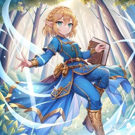 torino aqua, 1girl, detailed eyes, dynamic lighting, , <lora:torinoAquaStyleLora_v1:0.6>, lens flare, short hair, princess zelda, belt, blonde hair, blue shirt, book, boots, expressionless, full body, green eyes, pants, pointy ears, shirt, short hair, forest,