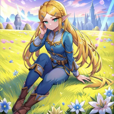 torino aqua, 1girl, detailed eyes, dynamic lighting, , <lora:torinoAquaStyleLora_v1:0.6>, lens flare, long hair, princess zelda, belt, blonde hair, blue shirt, boots, expressionless, full body, green eyes, pants, pointy ears, shirt, short hair, grass, <lora:princessZeldaLora_v1:0.4>, sitting on grass, bright flowers,