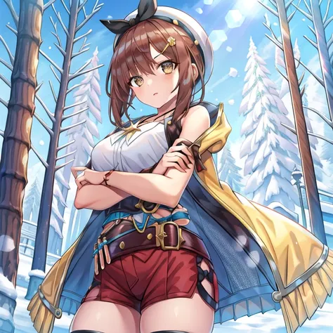 torino aqua, 1girl, detailed eyes, (((cowboy shot))), dynamic lighting, forest, snow, <lora:reisalin stout_hardpruned:0.8>, reisalin stout, bangs, belt, beret, brown eyes, brown hair, jacket, leather, leather belt, red shorts, short shorts, sleeveless, sleeveless jacket, thick thighs, white headwear, yellow jacket, medium breasts, star necklace, <lora:torinoAquaStyleLora_v1:0.6>, lens flare, short hair, (((crossed arms))),