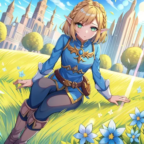torino aqua, 1girl, detailed eyes, dynamic lighting, , <lora:torinoAquaStyleLora_v1:0.6>, lens flare, short hair, princess zelda, belt, blonde hair, blue shirt, boots, expressionless, full body, green eyes, pants, pointy ears, shirt, short hair, grass, <lora:princessZeldaLora_v1:0.4>, sitting on grass, bright flowers,