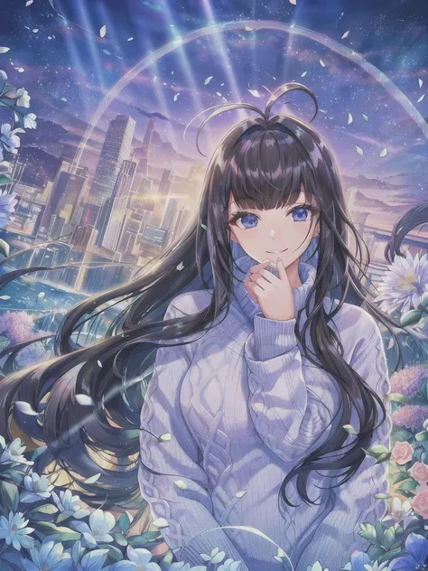 atdan, torino_aqua, (8k, best quality, masterpiece:1.2), (looking at camera:1.4), ((1girl)), (coloful:1.5), (sea of flowers), cityscape, professional lighting, photon mapping, radiosity, physically-based rendering, (((illustration))) (((official art))) ((extremely detailed shiny disheveled hair)) (contour deepening beautiful detailed glow) ((Beautiful detailed slender face)) (beautiful detailed eyes:1.2) (((high resolution))) (best shadow) (depth of field) (production art) (award winning) (best illustration) (beautiful black long hair:1.2) (beautiful background) (glistening shining skin) (wet shiny ivory skin:0.8) (illustration:1.3) (beautiful detailed blue sky) (detailed wear:1.5) ((white sweater)) (ahoge:1.3) (slender:1.5) (beautiful black eyes) (long eyelashes) (eye highlights), little smile