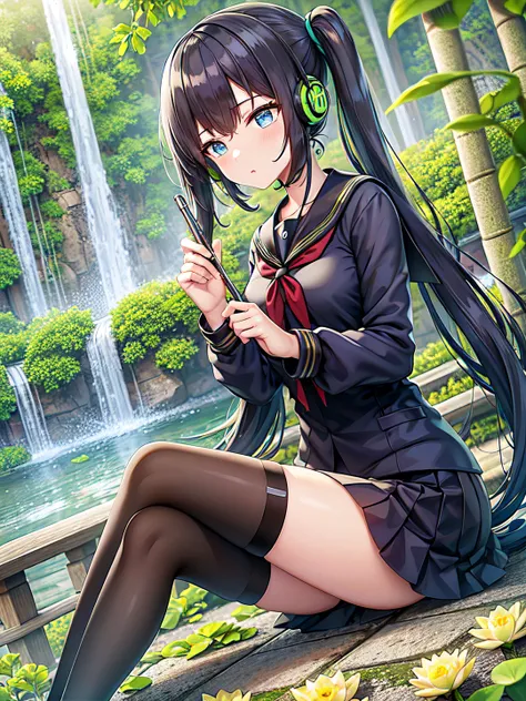 torino aqua, highres, ((1girl)), dark blue hair, blue eyes, twintails, long hair, ((stylus:1.3)), bamboo forest, looking to the side, (((looking away:1.3))), ((thinking)), medium breasts, black thighhighs, ((black serafuku)), blue bow, crossed legs, ((headphones)), waterfall, lily pad, lotus, sitting, vines, (east asian architecture), overgrown, <lora:torinoAquaStyleLora_v1:0.6>